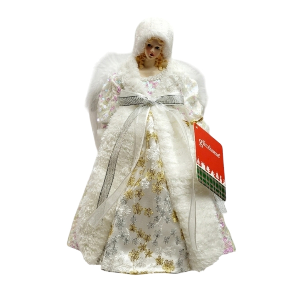 Glitzhome 12"H Angel W/White Faux Fur Dress Christmas Tree Topper or Decoration